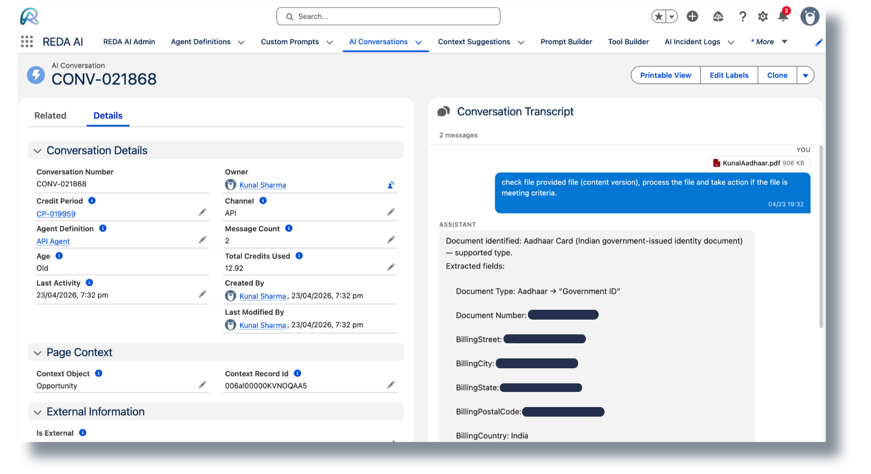 Full conversation transcript audit record in Salesforce