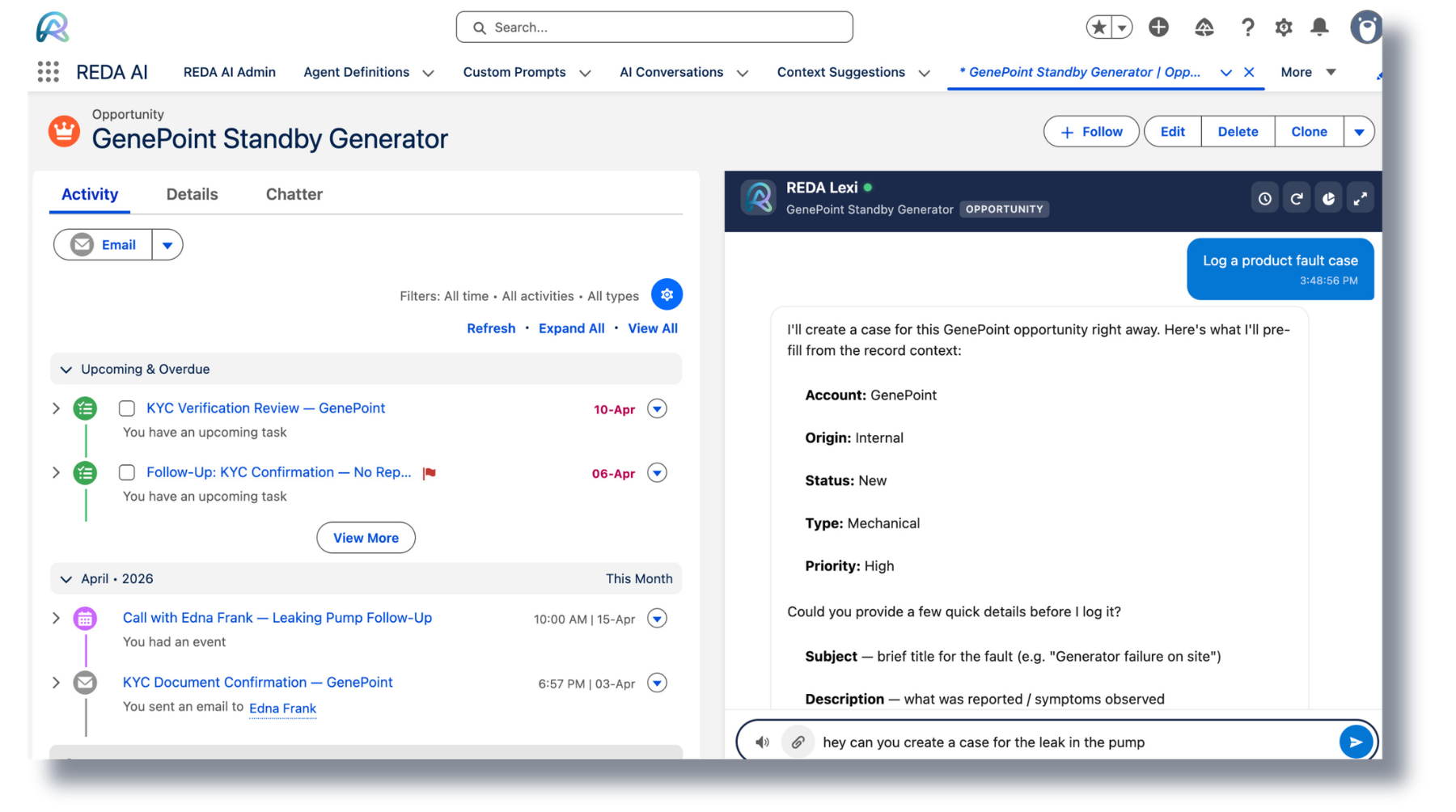 REDA AI chat panel embedded on a Salesforce Opportunity record page, with the agent reading the record context and proposing actions inline.
