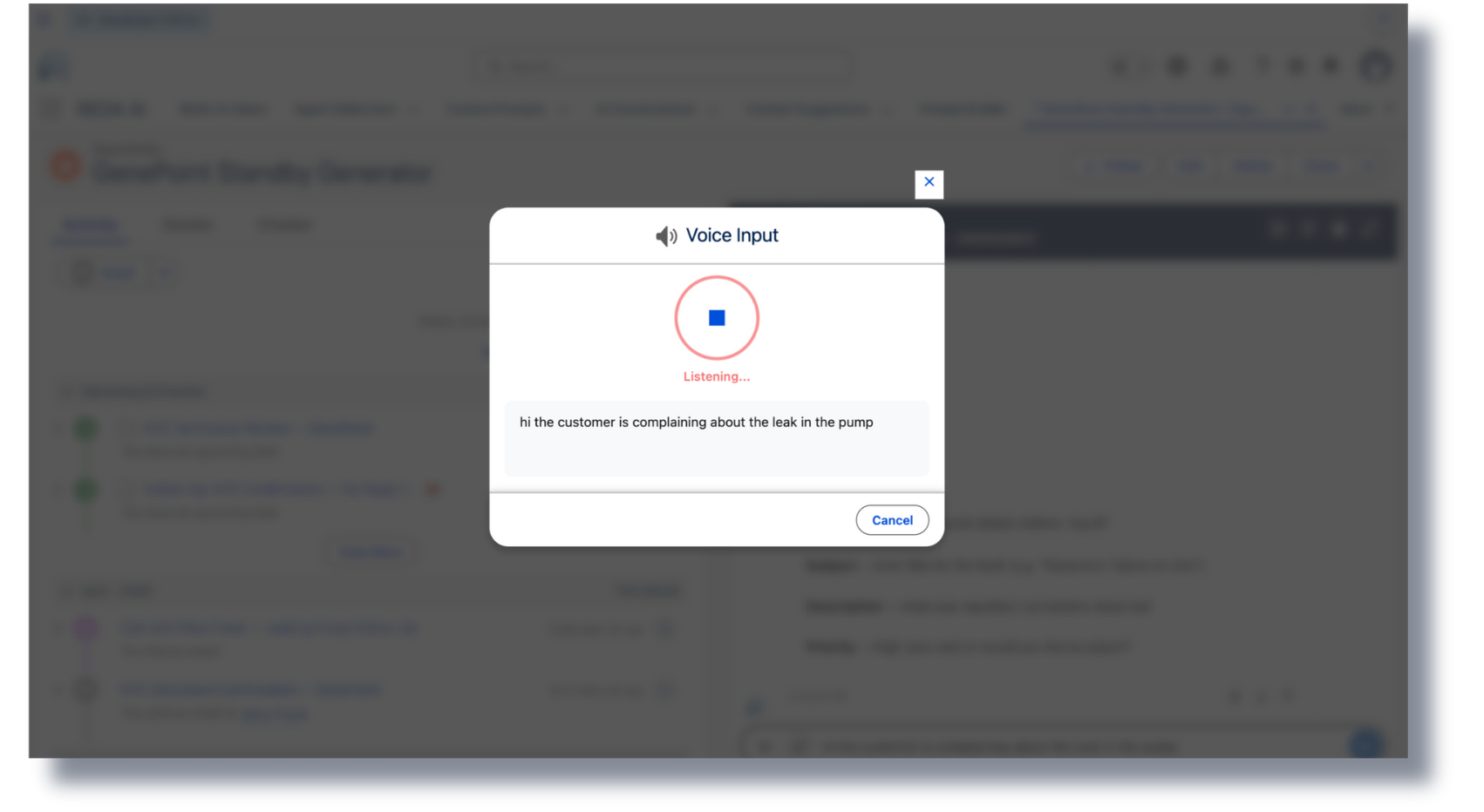 Voice input mode active in the REDA AI chat widget